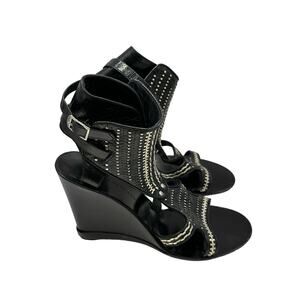 Sigerson Morrison Black and Silver Gladiator Sandal Wedges Sz 8